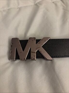 Michael Kors Black Leather Belt with Silver MK Buckle